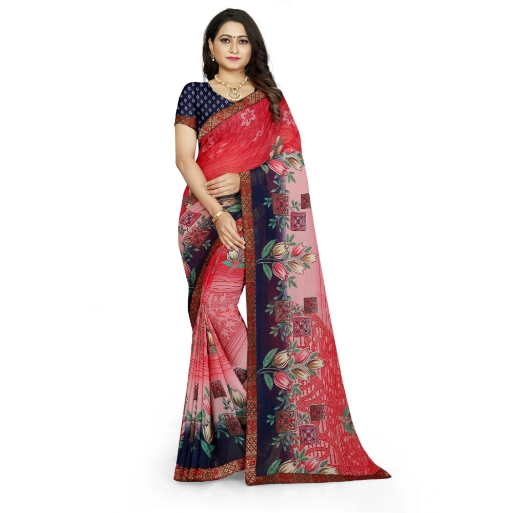 Generic Women's Georgette Floral Print Saree With Unstitched Blouse 5.5Mtr (Red-Blue)