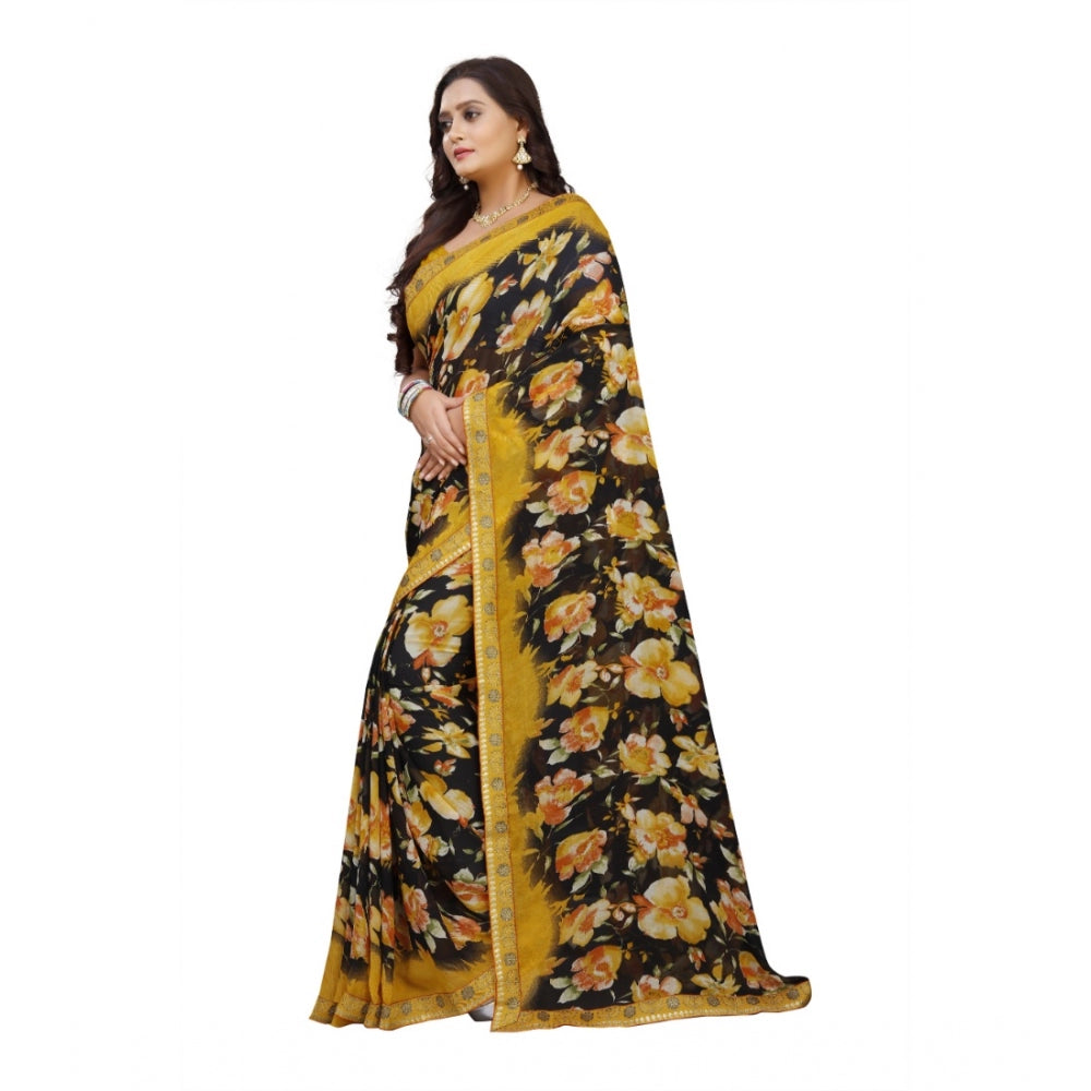 Generic Women's Georgette Floral Print Saree With Unstitched Blouse 5.5Mtr (Black-Mustard)