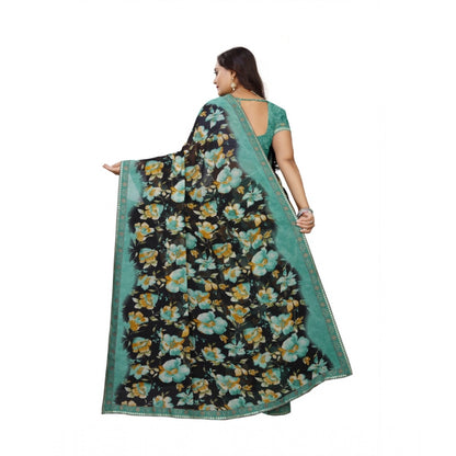 Generic Women's Georgette Floral Print Saree With Unstitched Blouse 5.5Mtr (Blue-Black)