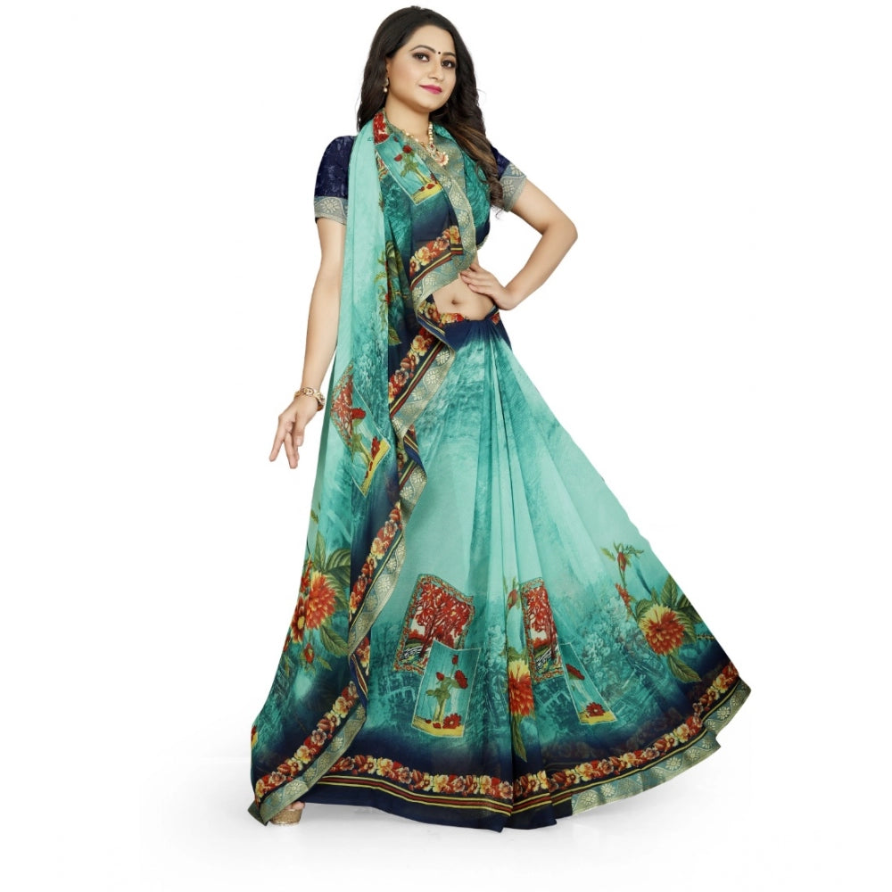 Generic Women's Georgette Floral Print Saree With Unstitched Blouse 5.5Mtr (Light Blue)