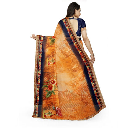 Generic Women's Georgette Floral Print Saree With Unstitched Blouse 5.5Mtr (Blue-Orange)