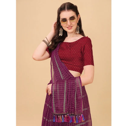 Generic Women's Silk Blend Checkered Saree With Unstitched Blouse 5.5Mtr (Maroon)