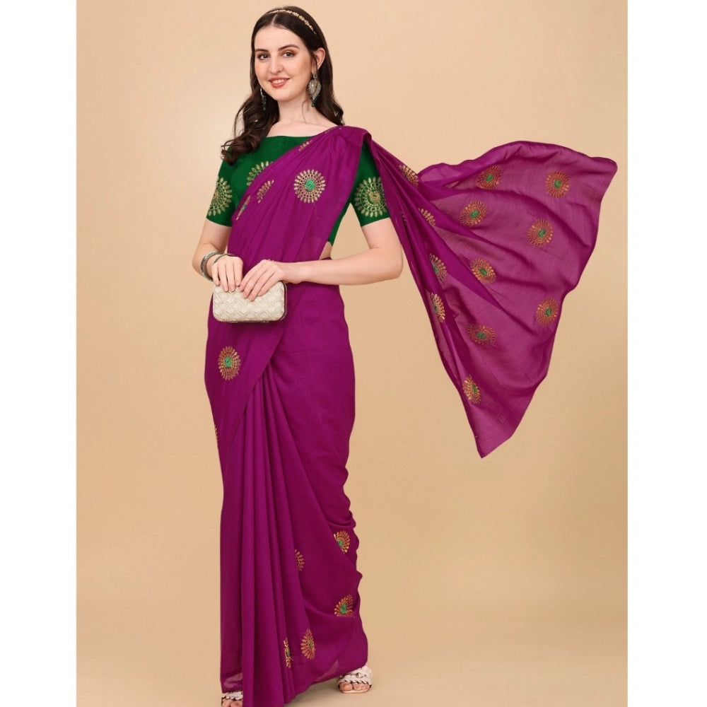 Generic Women's Silk Blend Embroidered Saree With Unstitched Blouse 5.5Mtr (Purple)