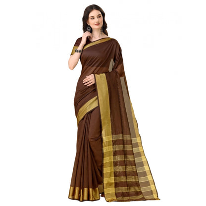 Generic Women's Cotton Silk Striped Saree With Unstitched Blouse 5.5Mtr (Brown)