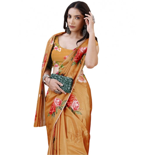 Generic Women's Crepe Digital Print Saree With Unstitched Blouse 5.5Mtr (Mustard)