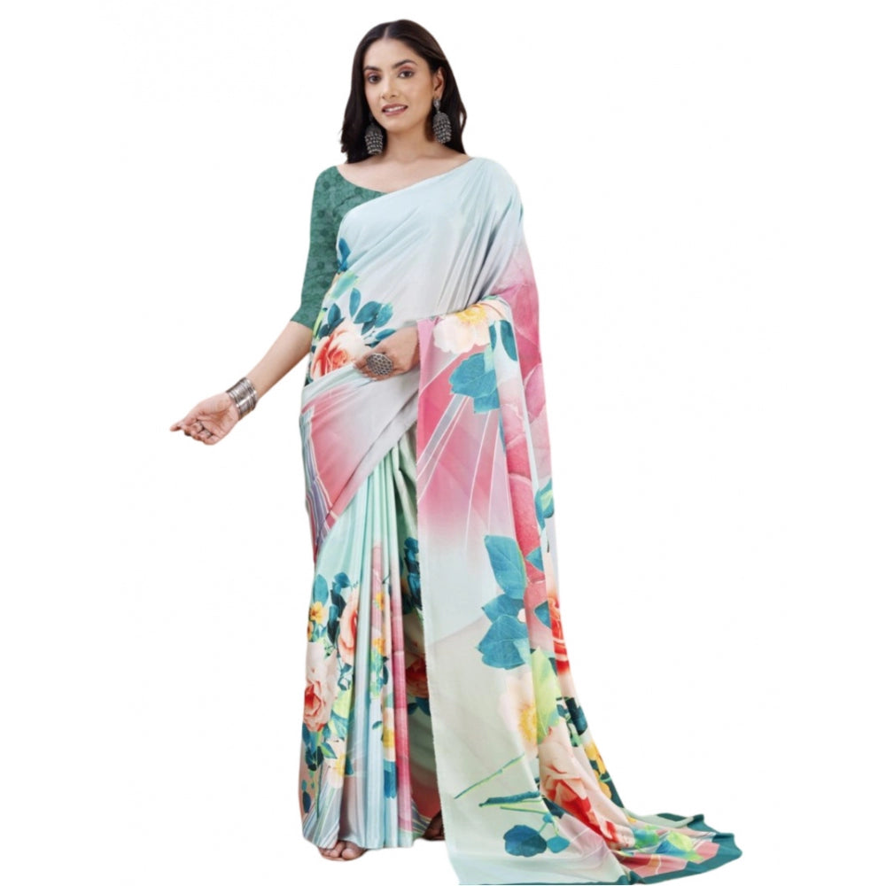 Generic Women's Crepe Digital Print Saree With Unstitched Blouse 5.5Mtr (Light Blue)