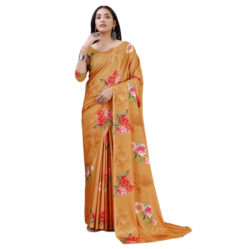 Generic Women's Crepe Digital Print Saree With Unstitched Blouse 5.5Mtr (Mustard)