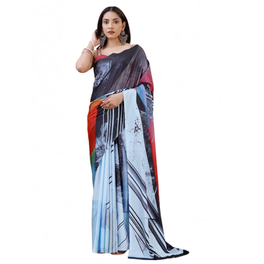 Generic Women's Crepe Digital Print Saree With Unstitched Blouse 5.5Mtr (Light Blue)