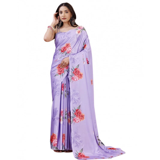 Generic Women's Crepe Digital Print Saree With Unstitched Blouse 5.5Mtr (Purple)