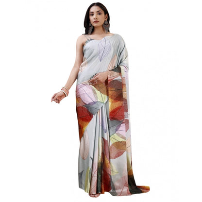 Generic Women's Crepe Digital Print Saree With Unstitched Blouse 5.5Mtr (Silver)