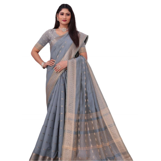 Generic Women's Silk Blend Woven Saree With Unstitched Blouse 5.5Mtr (Grey)