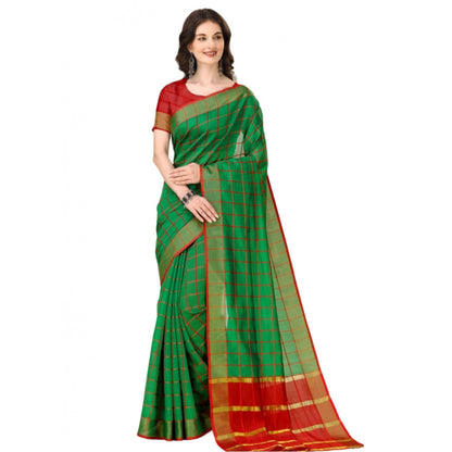 Generic Women's Cotton Silk Checkered Saree With Unstitched Blouse 5.5Mtr (Dark Green)