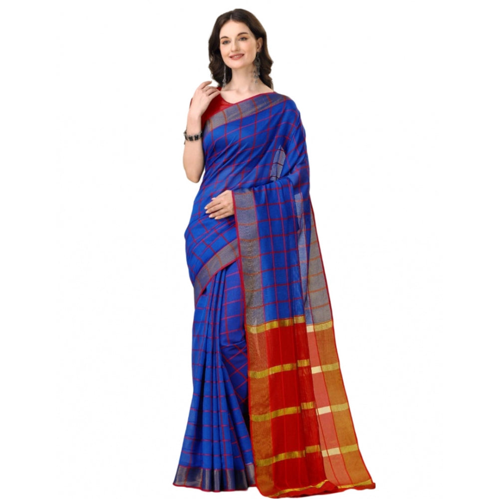 Generic Women's Cotton Silk Checkered Saree With Unstitched Blouse 5.5Mtr (Blue)