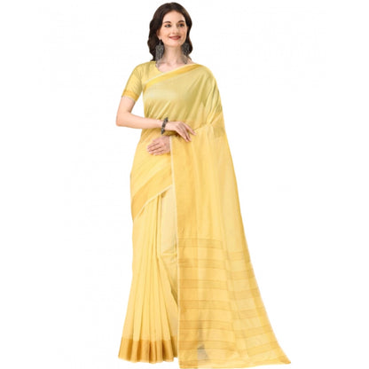 Generic Women's Cotton Silk Striped Saree With Unstitched Blouse 5.5Mtr (Yellow)