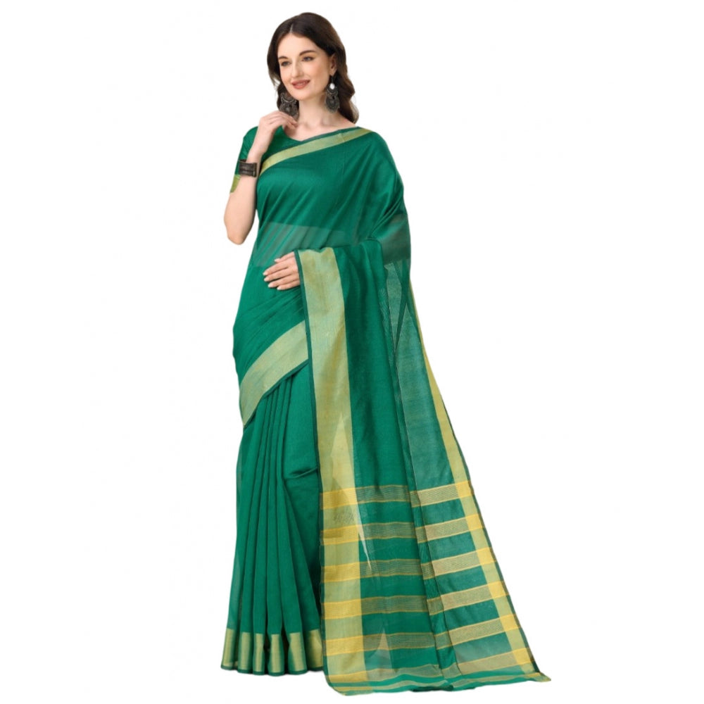 Generic Women's Cotton Silk Striped Saree With Unstitched Blouse 5.5Mtr (Light Green)