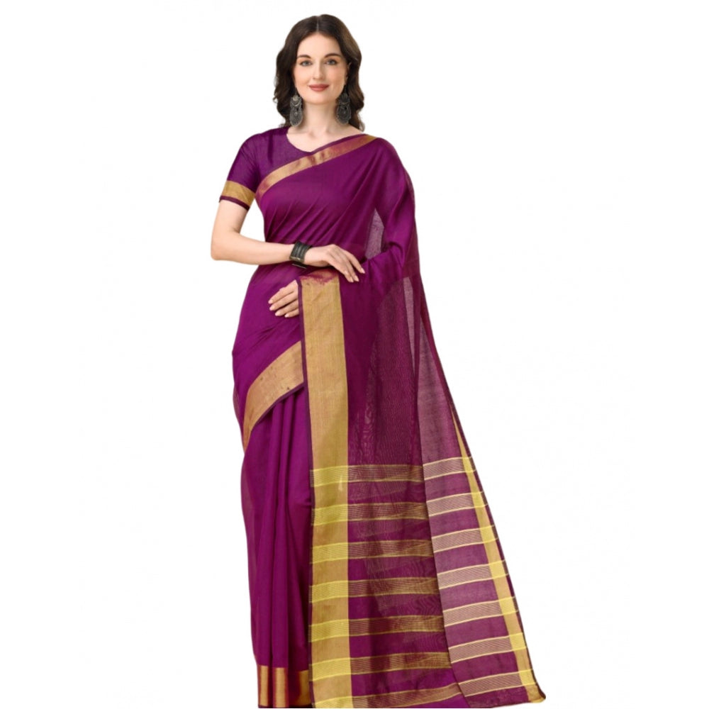 Generic Women's Cotton Silk Striped Saree With Unstitched Blouse 5.5Mtr (Purple)