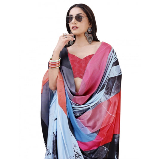 Generic Women's Crepe Digital Print Saree With Unstitched Blouse 5.5Mtr (Light Blue)