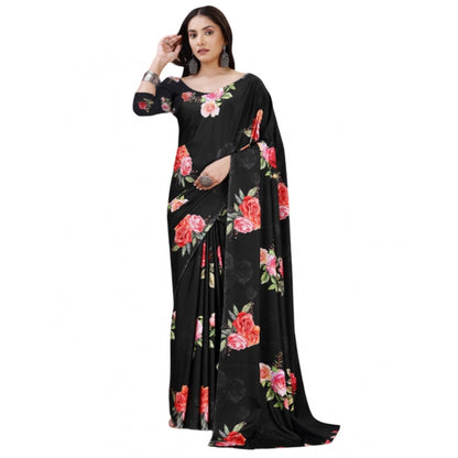 Generic Women's Crepe Digital Print Saree With Unstitched Blouse 5.5Mtr (Black)