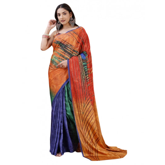 Generic Women's Crepe Digital Print Saree With Unstitched Blouse 5.5Mtr (Orange)