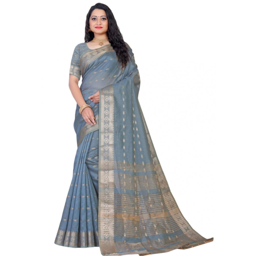 Generic Women's Silk Blend Woven Saree With Unstitched Blouse 5.5Mtr (Grey)