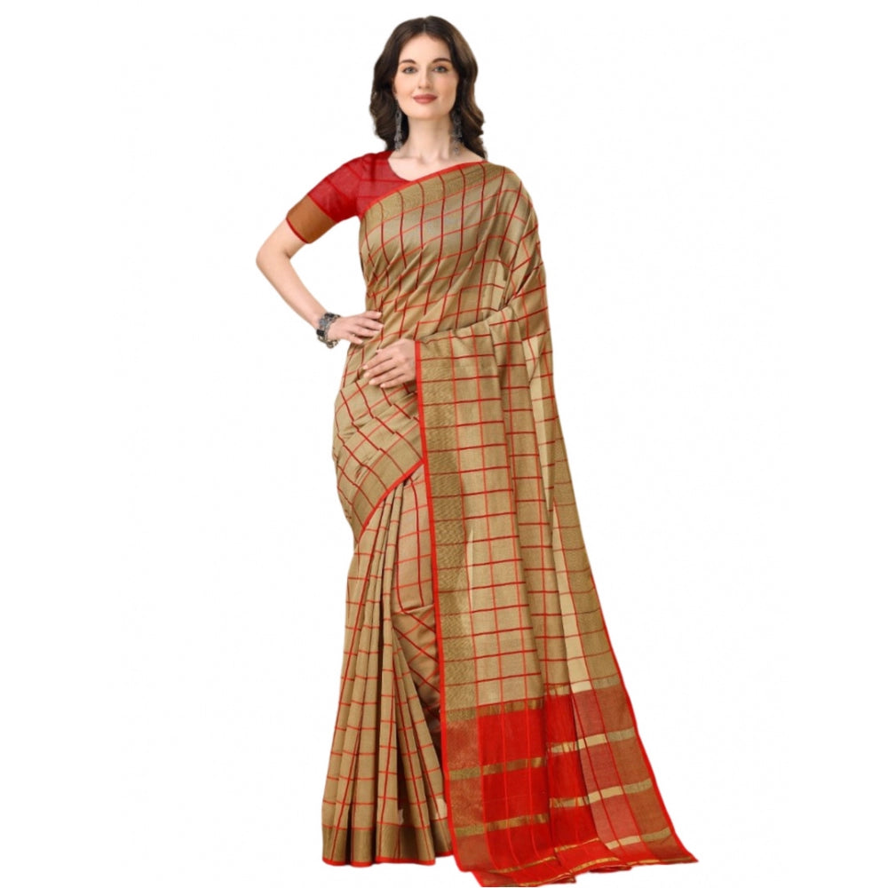 Generic Women's Cotton Silk Checkered Saree With Unstitched Blouse 5.5Mtr (Brown)