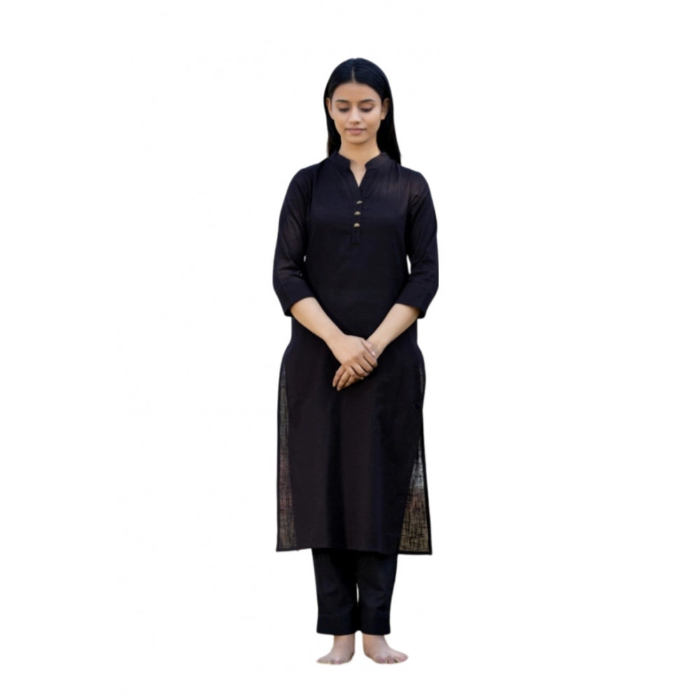 Generic Women's Cotton Solid 3/4 Sleeve Mandarin collar Kurti (Black)