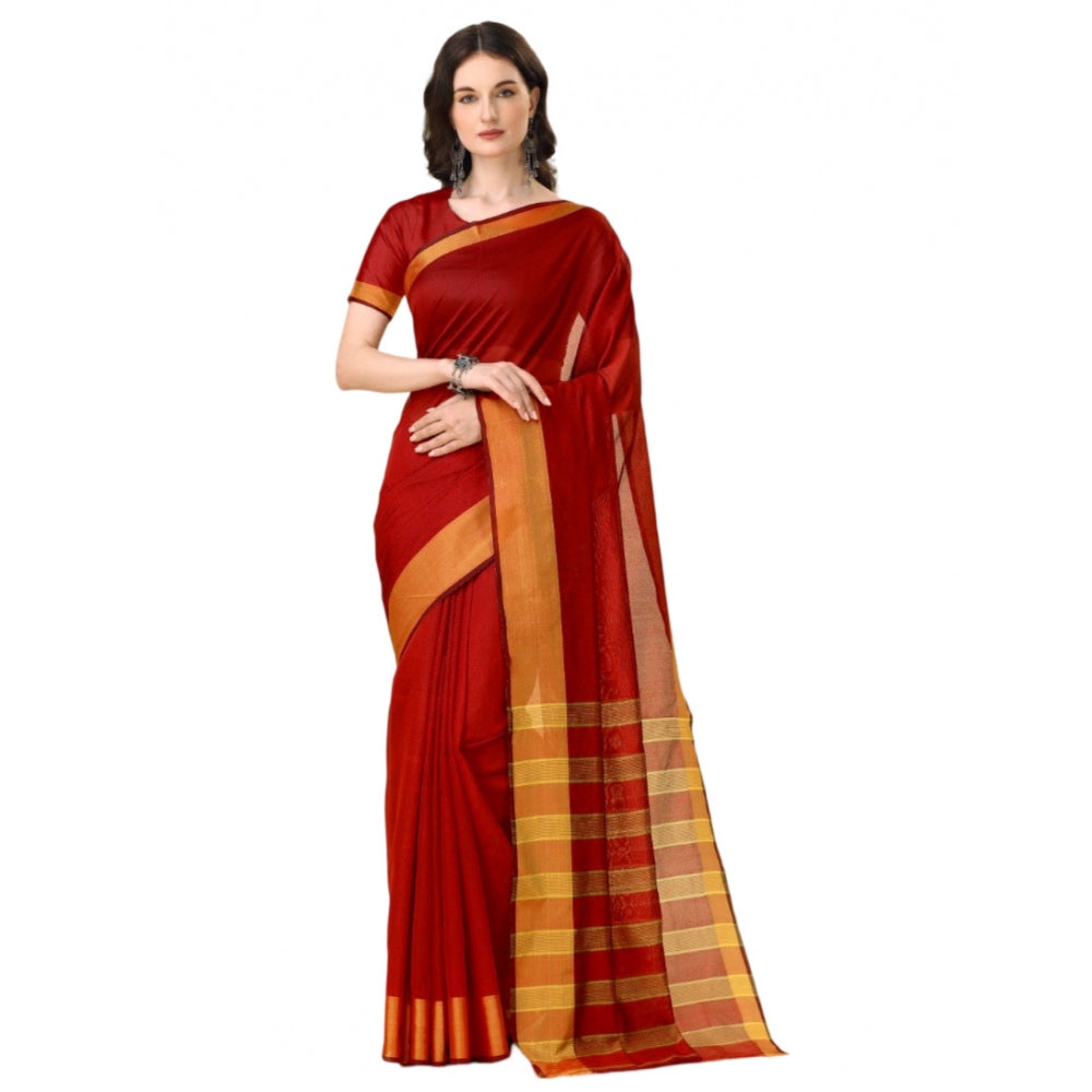 Generic Women's Cotton Silk Striped Saree With Unstitched Blouse 5.5Mtr (Red)