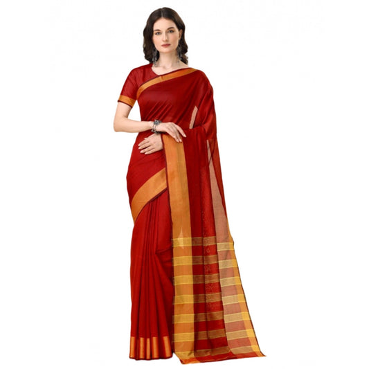 Generic Women's Cotton Silk Striped Saree With Unstitched Blouse 5.5Mtr (Red)