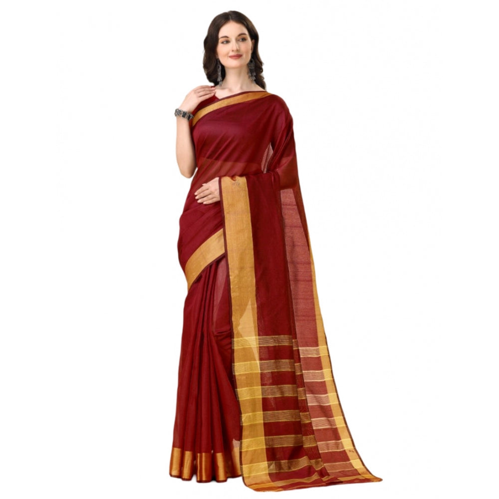 Generic Women's Cotton Silk Striped Saree With Unstitched Blouse 5.5Mtr (Maroon)