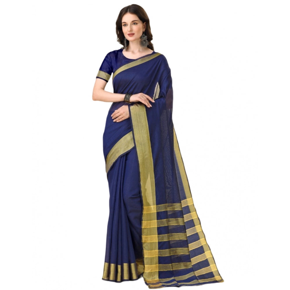 Generic Women's Cotton Silk Striped Saree With Unstitched Blouse 5.5Mtr (Dark Blue)