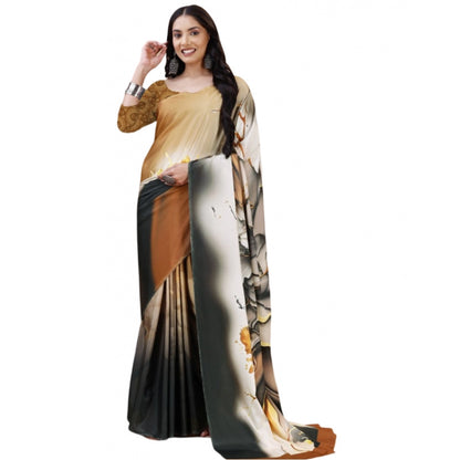 Generic Women's Crepe Digital Print Saree With Unstitched Blouse 5.5Mtr (Brown)