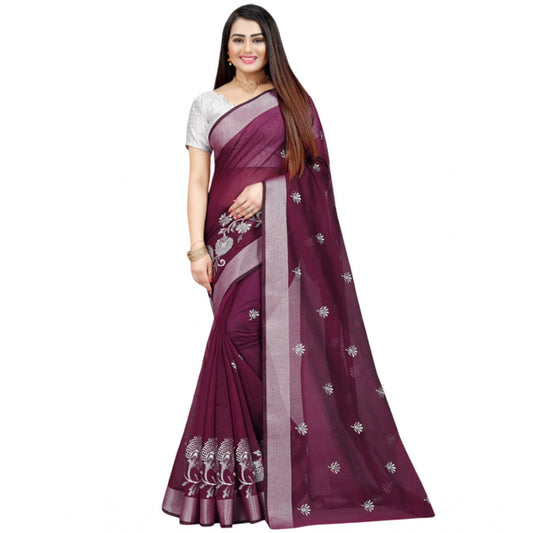 Generic Women's Cotton Silk Embroidered Saree With Unstitched Blouse 5.5Mtr (Purple)