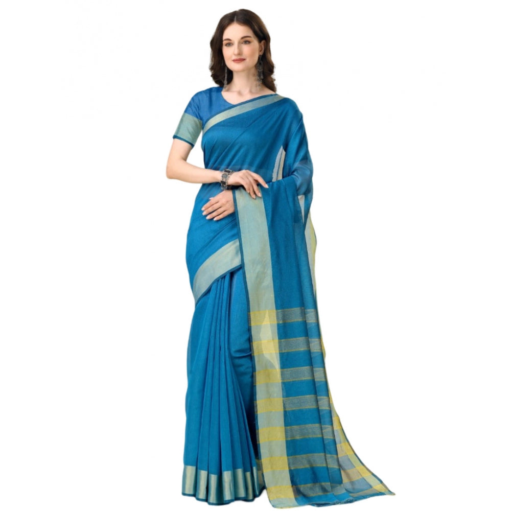 Generic Women's Cotton Silk Striped Saree With Unstitched Blouse 5.5Mtr (Light Blue)