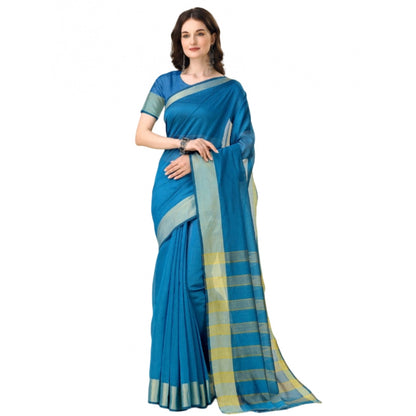 Generic Women's Cotton Silk Striped Saree With Unstitched Blouse 5.5Mtr (Light Blue)