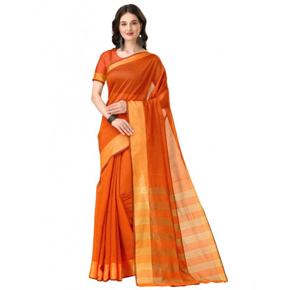 Generic Women's Cotton Silk Striped Saree With Unstitched Blouse 5.5Mtr (Orange)