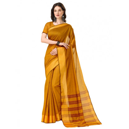 Generic Women's Cotton Silk Striped Saree With Unstitched Blouse 5.5Mtr (Mustard)