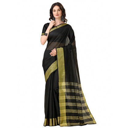 Generic Women's Cotton Silk Striped Saree With Unstitched Blouse 5.5Mtr (Black)