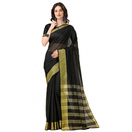 Generic Women's Cotton Silk Striped Saree With Unstitched Blouse 5.5Mtr (Black)