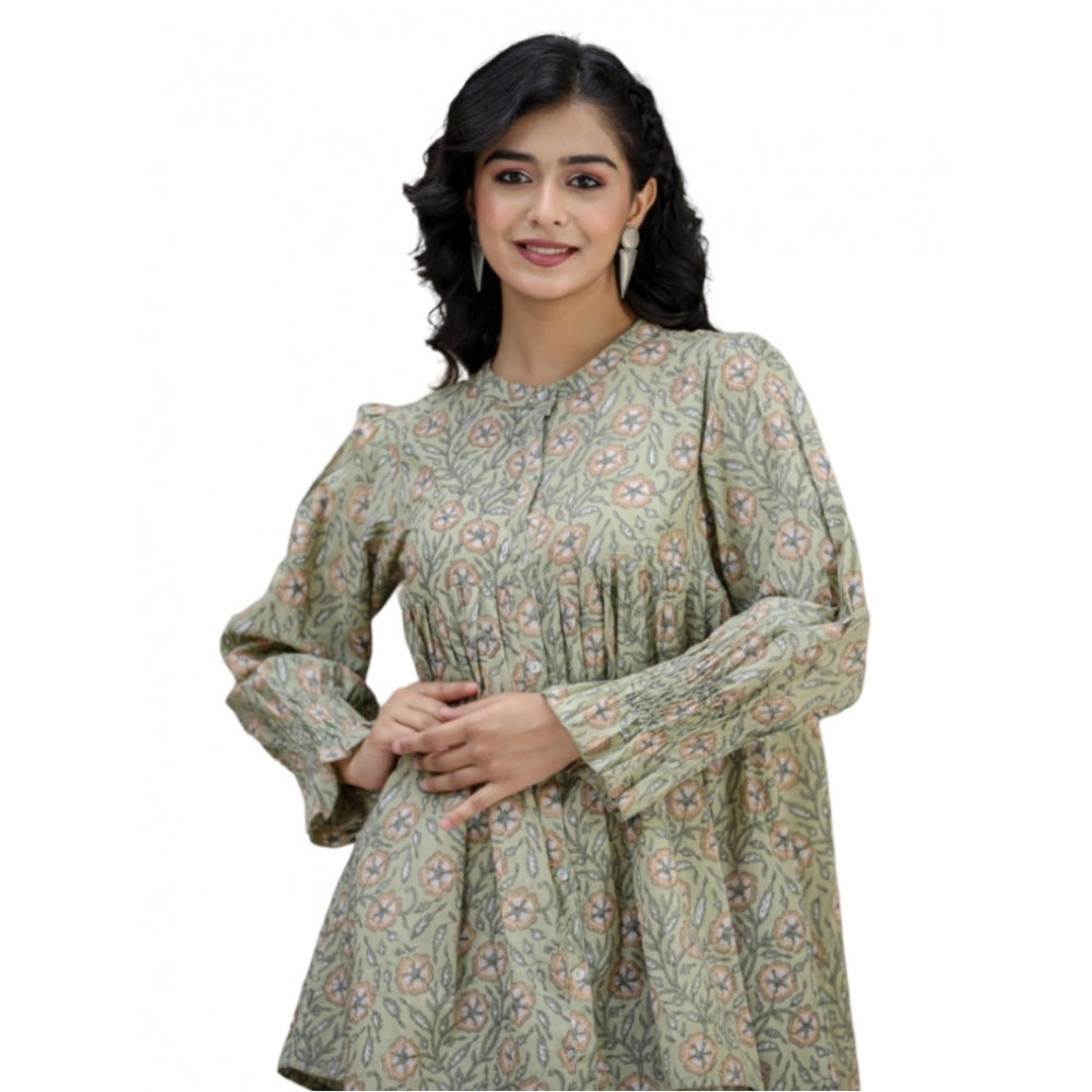 Generic Women's Cotton Printed Full Sleeve Mandarin collar Tunics (Green)