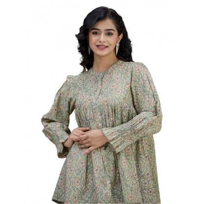 Generic Women's Cotton Printed Full Sleeve Mandarin collar Tunics (Green)