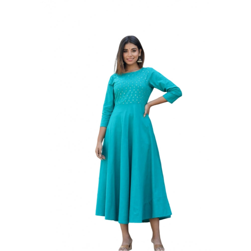 Generic Women's Cotton Solid 3/4 Sleeve Round Neck Kurti (Green)