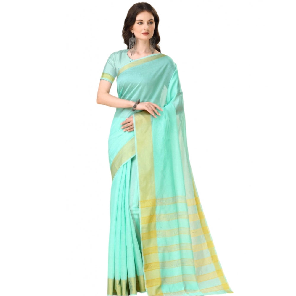 Generic Women's Cotton Silk Striped Saree With Unstitched Blouse 5.5Mtr (Blue)