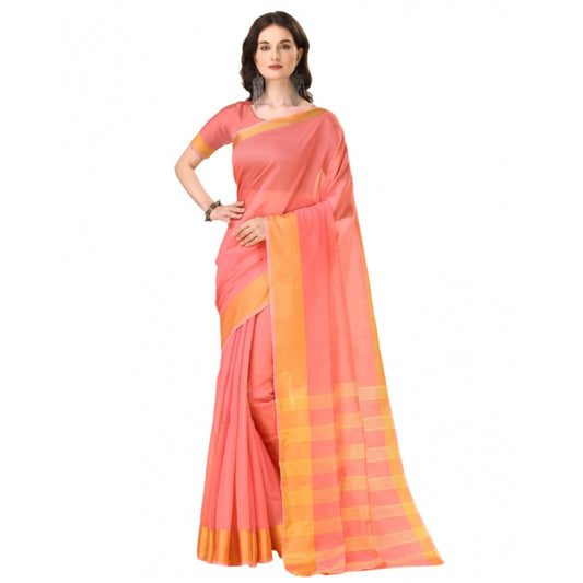 Generic Women's Cotton Silk Striped Saree With Unstitched Blouse 5.5Mtr (Pink)