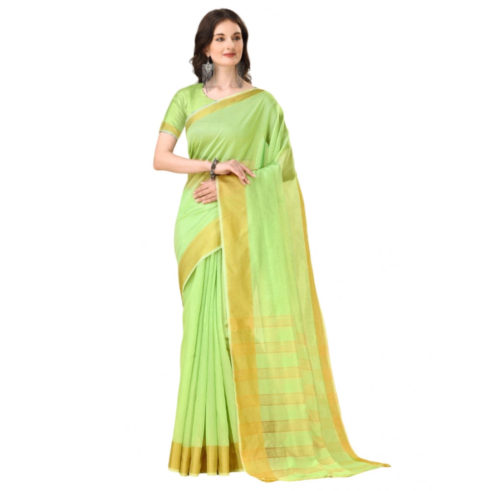 Generic Women's Cotton Silk Striped Saree With Unstitched Blouse 5.5Mtr (Green)