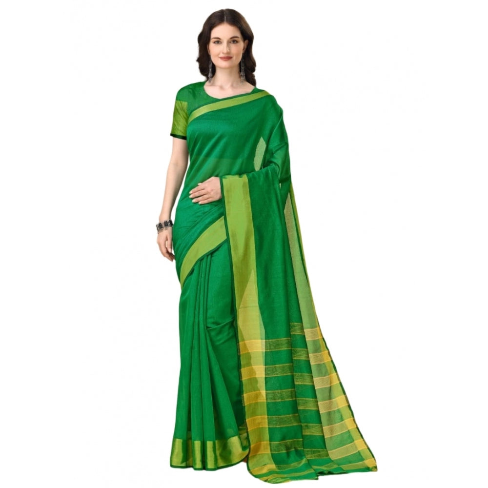 Generic Women's Cotton Silk Striped Saree With Unstitched Blouse 5.5Mtr (Green)