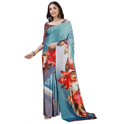 Generic Women's Crepe Digital Print Saree With Unstitched Blouse 5.5Mtr (Blue)