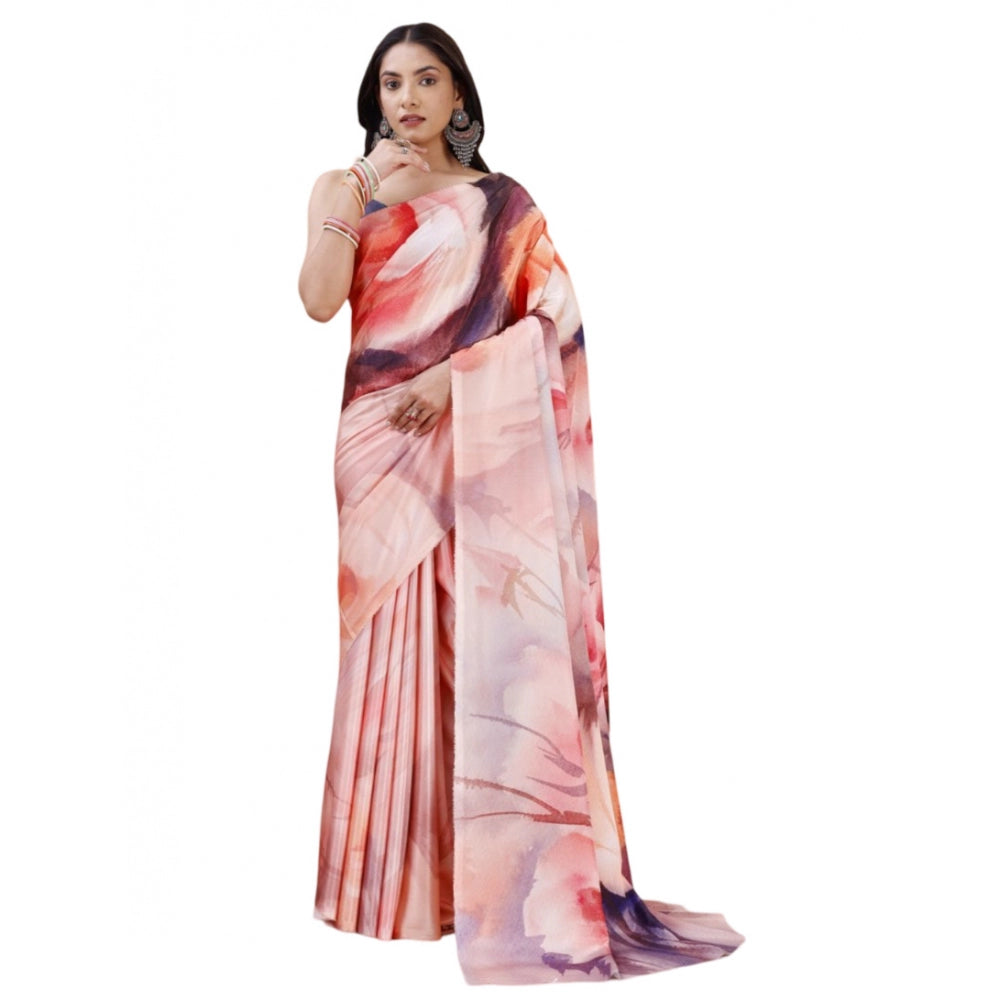 Generic Women's Crepe Digital Print Saree With Unstitched Blouse 5.5Mtr (Pink)