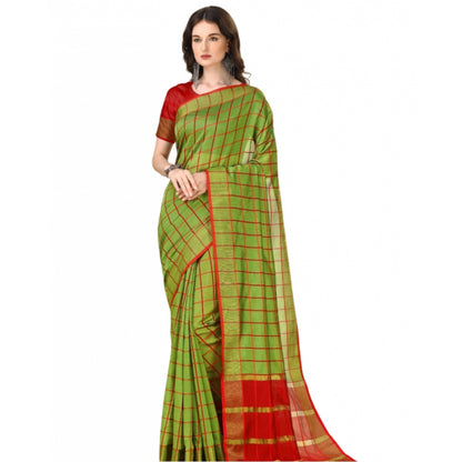 Generic Women's Cotton Silk Checkered Saree With Unstitched Blouse 5.5Mtr (Green)