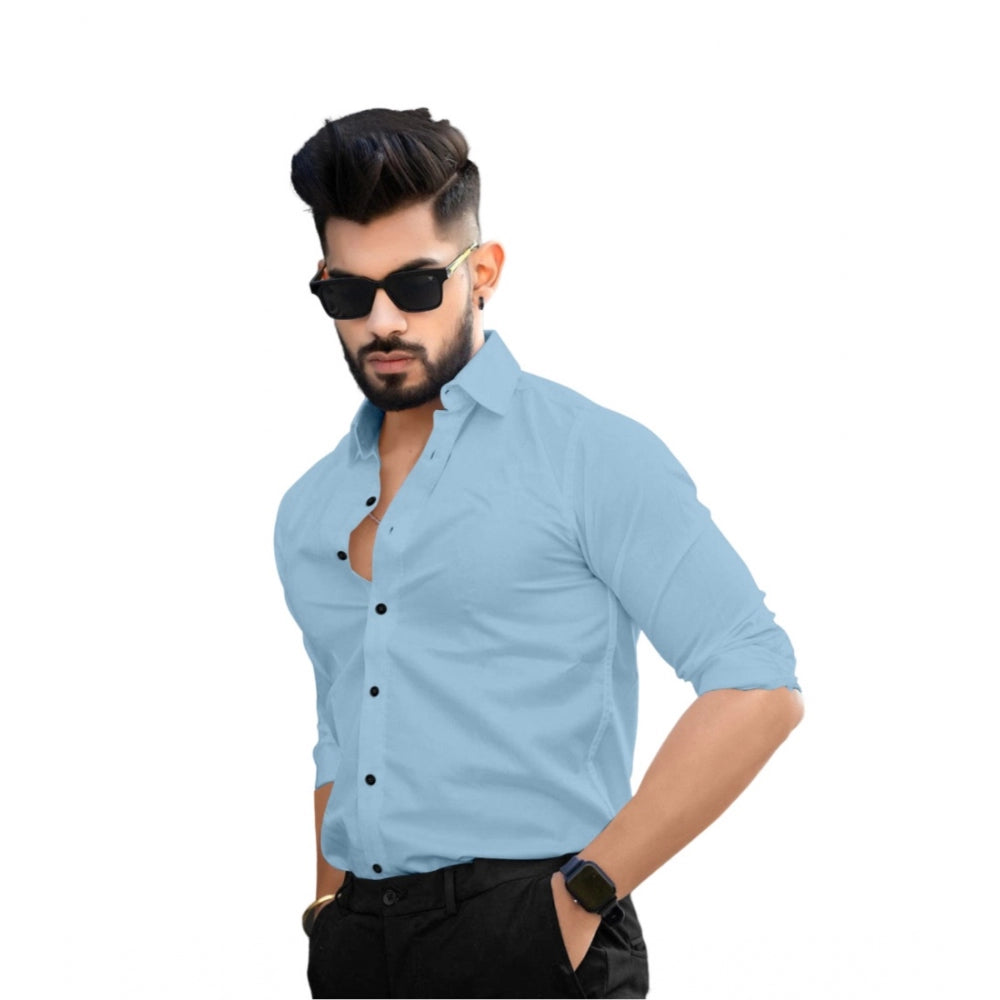 Generic Men's Casual Full Sleeve Poly Viscose Collar Neck Shirt (Sky)