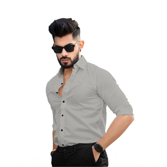 Generic Men's Casual Full Sleeve Poly Viscose Collar Neck Shirt (Grey)